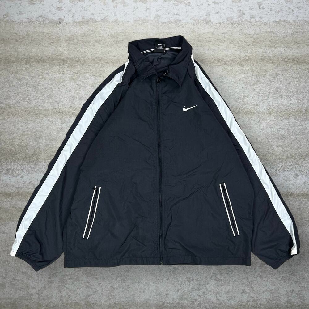 Vintage 90s Nike Windbreaker Jacket Mens L Jet Black White Swoosh Full Zip Nylon